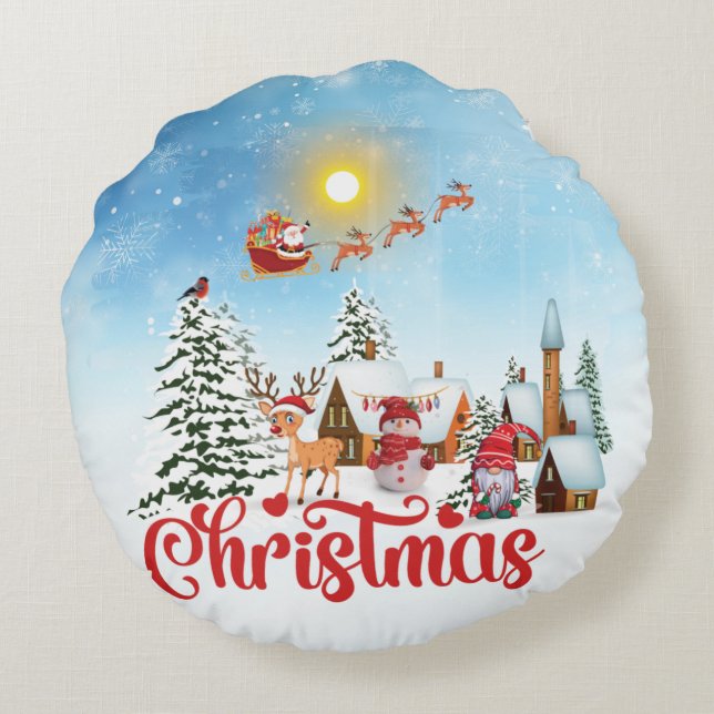 Cute Gnome, Snowman Celebrating Christmas Holiday Round Pillow (Back)