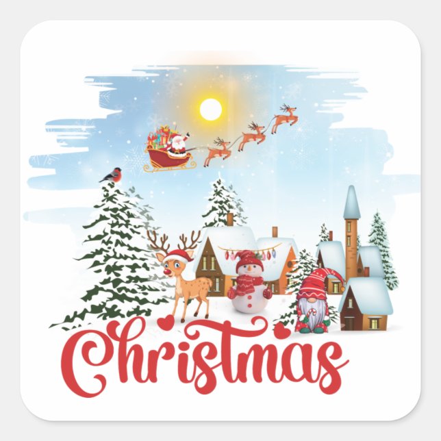 Cute Gnome, Snowman Celebrating Christmas Holiday Square Sticker (Front)