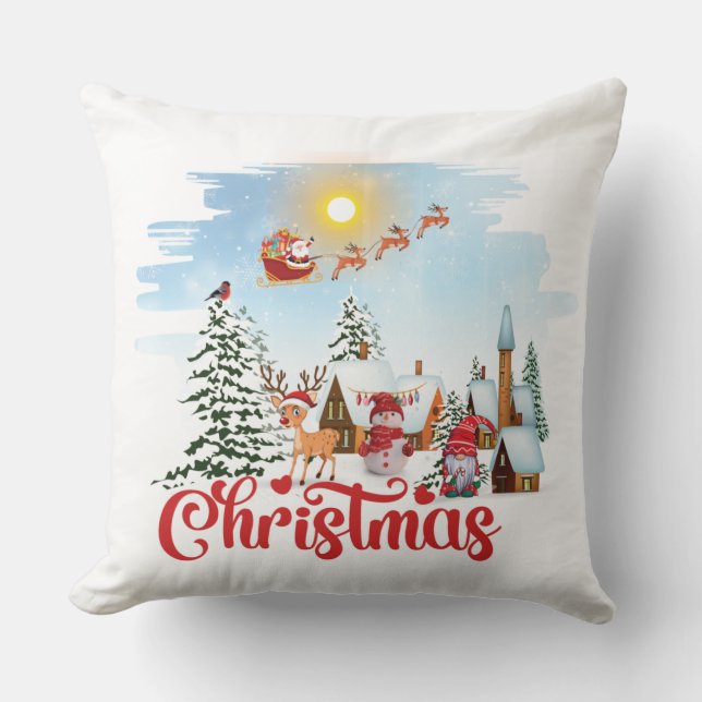 Cute Gnome, Snowman Celebrating Christmas Holiday Throw Pillow (Front)