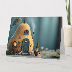 Cute Gnome Standing by a Pear Fairy Cottage Card