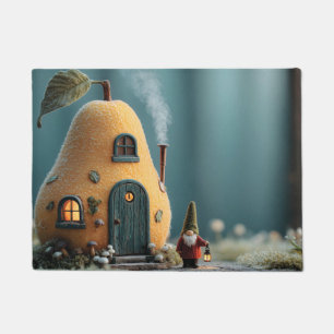 Cute Gnome Standing by a Pear Fairy Cottage Doormat