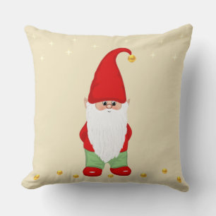 Cute Gnome, Stars and Gold Confetti on Beige Throw Pillow