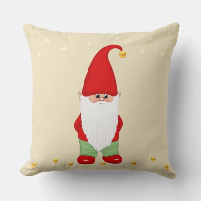 Cute Gnome, Stars and Gold Confetti on Beige Throw Pillow (Front)