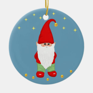 Cute Gnome, Stars and Gold Confetti on Sky Blue Ceramic Ornament