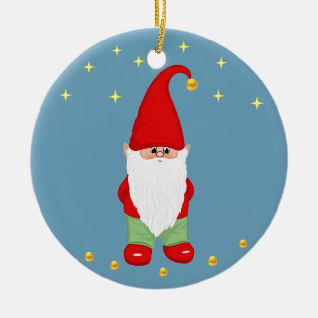 Cute Gnome, Stars and Gold Confetti on Sky Blue Ceramic Ornament (Front)