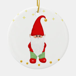 Cute Gnome, Stars and Gold Confetti on White Ceramic Ornament