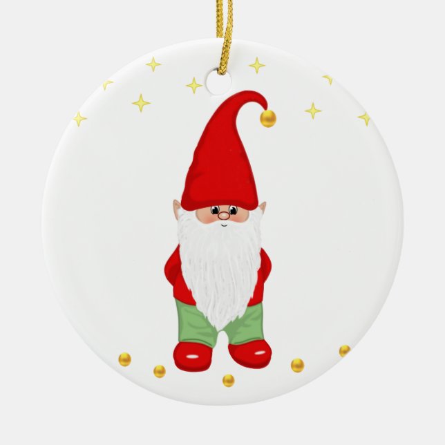 Cute Gnome, Stars and Gold Confetti on White Ceramic Ornament (Front)