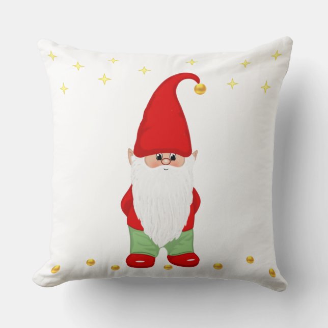 Cute Gnome, Stars and Gold Confetti on White Throw Pillow (Front)