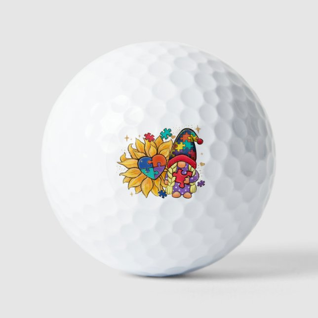 Cute Gnome, Sunflower & Heart Autism Awareness Golf Balls (Front)