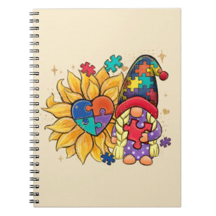 Cute Gnome, Sunflower & Heart Autism Awareness Notebook