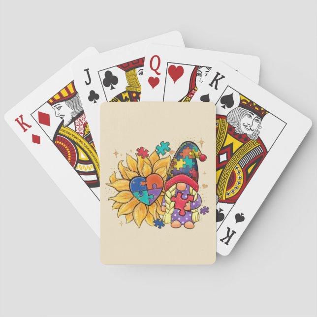 Cute Gnome, Sunflower & Heart Autism Awareness Playing Cards (Back)