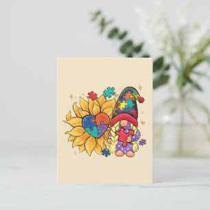 Cute Gnome, Sunflower & Heart Autism Awareness Postcard