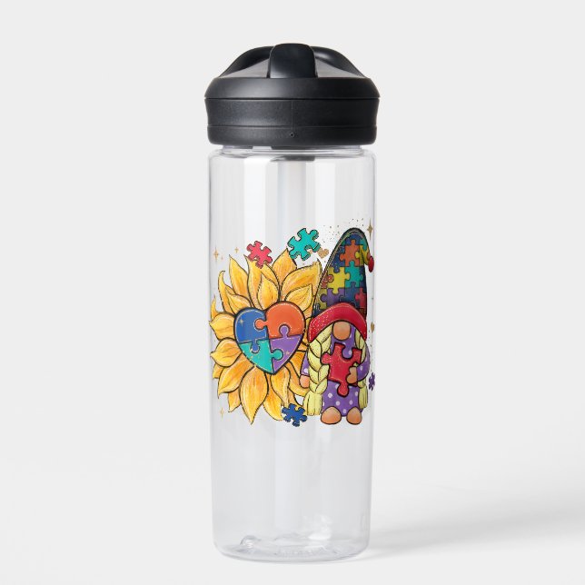Cute Gnome, Sunflower & Heart Autism Awareness Water Bottle (Front)