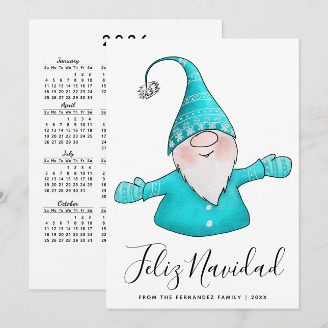 Cute Gnome Teal Blue Feliz Navidad 2025 Calendar Holiday Card (Front/Back)