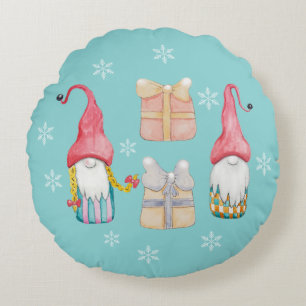 Cute Gnome Turquaise Blue Hand-painted Round Pillow