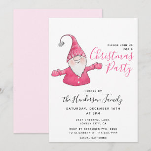 Cute Gnome White and Pink Christmas Party Invitation