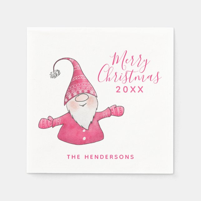 Cute Gnome White and Pink Merry Christmas Napkin (Front)