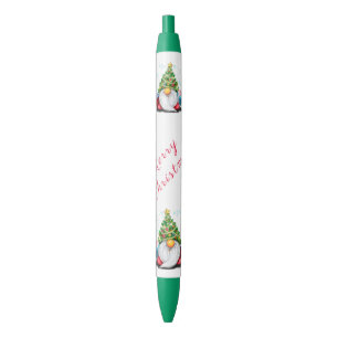 Cute Gnome with Christmas Tree Hat and Gift  Blue Ink Pen