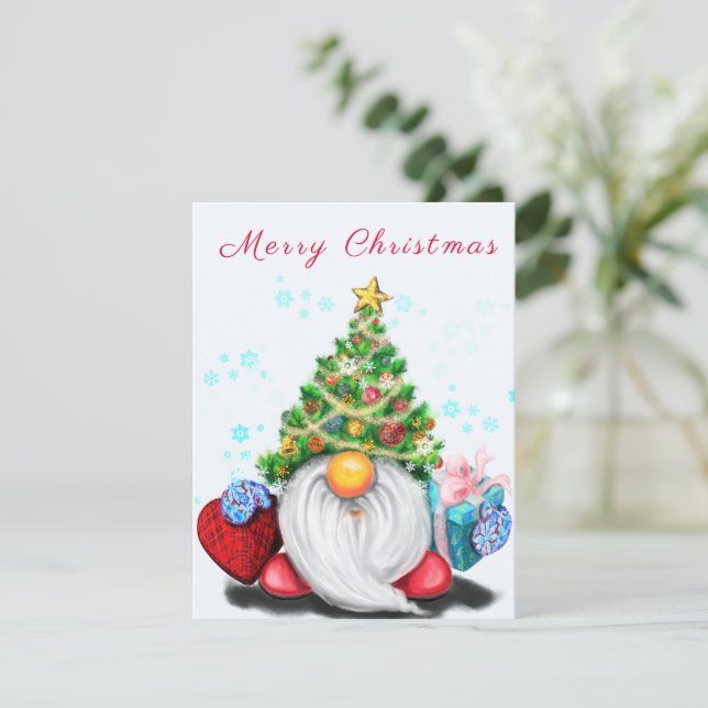 Cute Gnome with Christmas Tree Hat and Gift - Fun  (Standing Front)