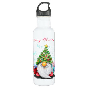 Cute Gnome with Christmas Tree Hat and Gift - Fun  710 Ml Water Bottle
