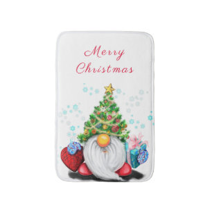 Cute Gnome with Christmas Tree Hat and Gift - Fun  Bath Mat