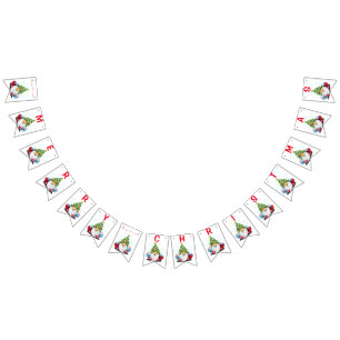 Cute Gnome with Christmas Tree Hat and Gift - Fun Bunting Flags