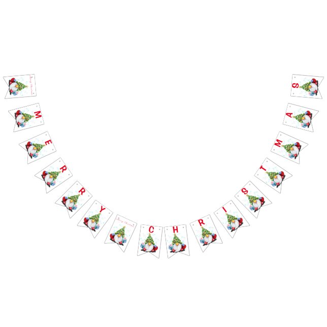 Cute Gnome with Christmas Tree Hat and Gift - Fun  Bunting Flags (All)