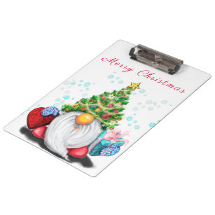 Cute Gnome with Christmas Tree Hat and Gift - Fun  Clipboard