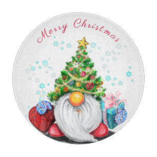 Cute Gnome with Christmas Tree Hat and Gift - Fun  Cutting Board