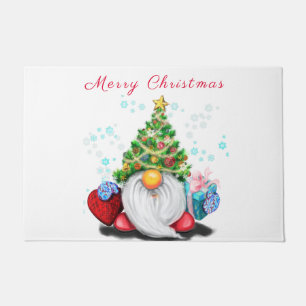 Cute Gnome with Christmas Tree Hat and Gift - Fun  Doormat