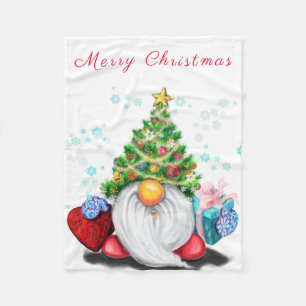 Cute Gnome with Christmas Tree Hat and Gift - Fun  Fleece Blanket