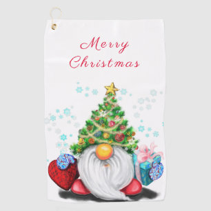 Cute Gnome with Christmas Tree Hat and Gift - Fun  Golf Towel