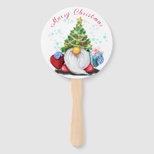 Cute Gnome with Christmas Tree Hat and Gift - Fun  Hand Fan