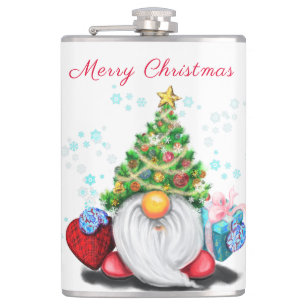 Cute Gnome with Christmas Tree Hat and Gift - Fun  Hip Flask
