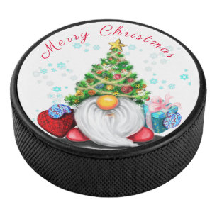 Cute Gnome with Christmas Tree Hat and Gift - Fun  Hockey Puck
