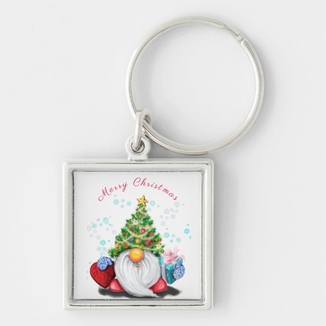 Cute Gnome with Christmas Tree Hat and Gift - Fun Keychain (Front)