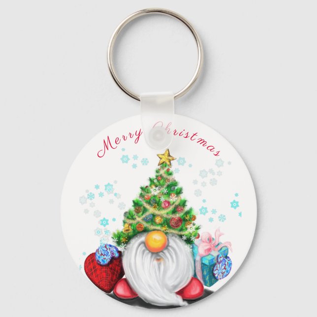 Cute Gnome with Christmas Tree Hat and Gift - Fun  Keychain (Front)