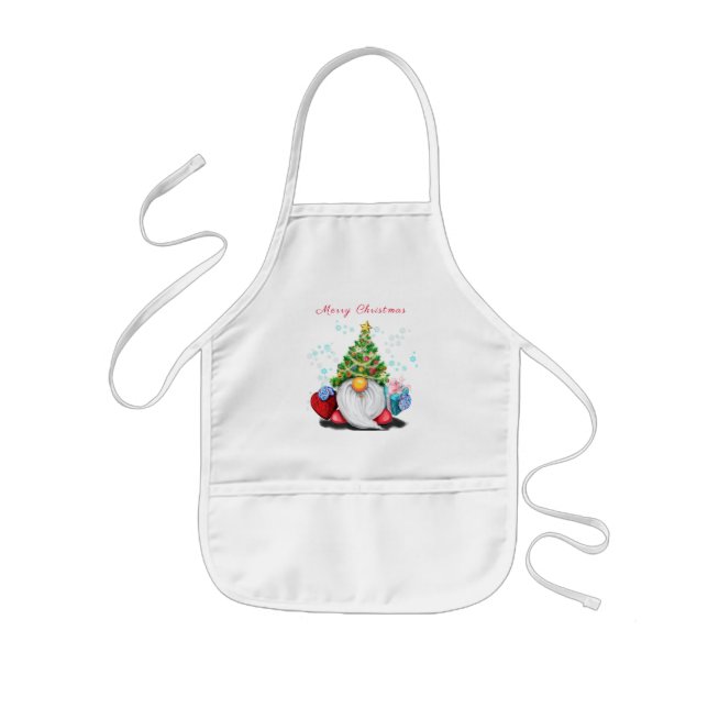 Cute Gnome with Christmas Tree Hat and Gift - Fun  Kids Apron (Front)