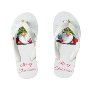 Cute Gnome with Christmas Tree Hat and Gift - Fun  Kid's Flip Flops