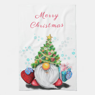 Cute Gnome with Christmas Tree Hat and Gift - Fun Kitchen Towel