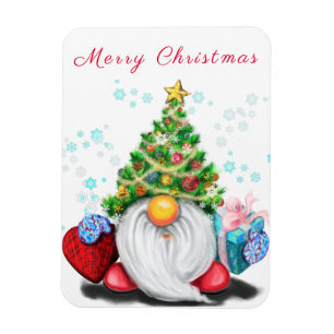 Cute Gnome with Christmas Tree Hat and Gift - Fun  Magnet