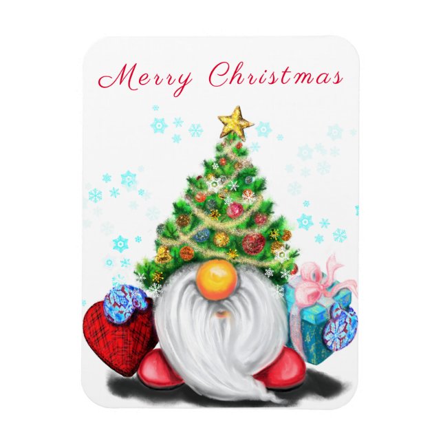 Cute Gnome with Christmas Tree Hat and Gift - Fun  Magnet (Vertical)