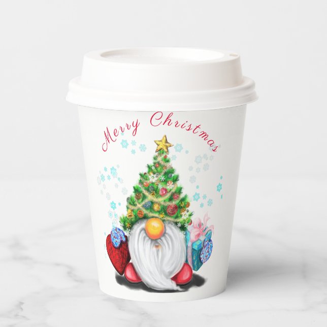 Cute Gnome with Christmas Tree Hat and Gift - Fun  Paper Cups (Front)