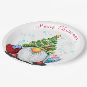 Cute Gnome with Christmas Tree Hat and Gift - Fun  Paper Plate