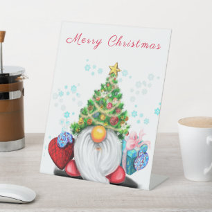 Cute Gnome with Christmas Tree Hat and Gift - Fun  Pedestal Sign