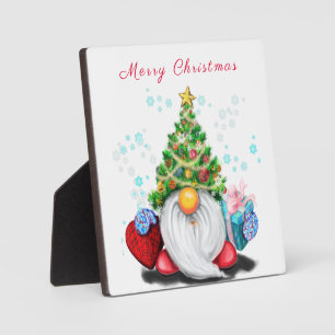 Cute Gnome with Christmas Tree Hat and Gift - Fun  Plaque