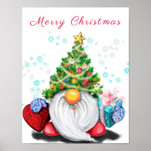 Cute Gnome with Christmas Tree Hat and Gift - Fun  Poster