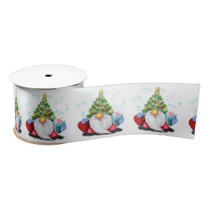 Cute Gnome with Christmas Tree Hat and Gift Fun Satin Ribbon