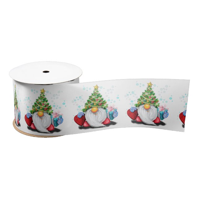 Cute Gnome with Christmas Tree Hat and Gift  Fun  Satin Ribbon (Spool)