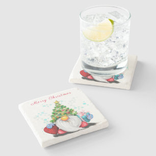Cute Gnome with Christmas Tree Hat and Gift - Fun  Stone Coaster